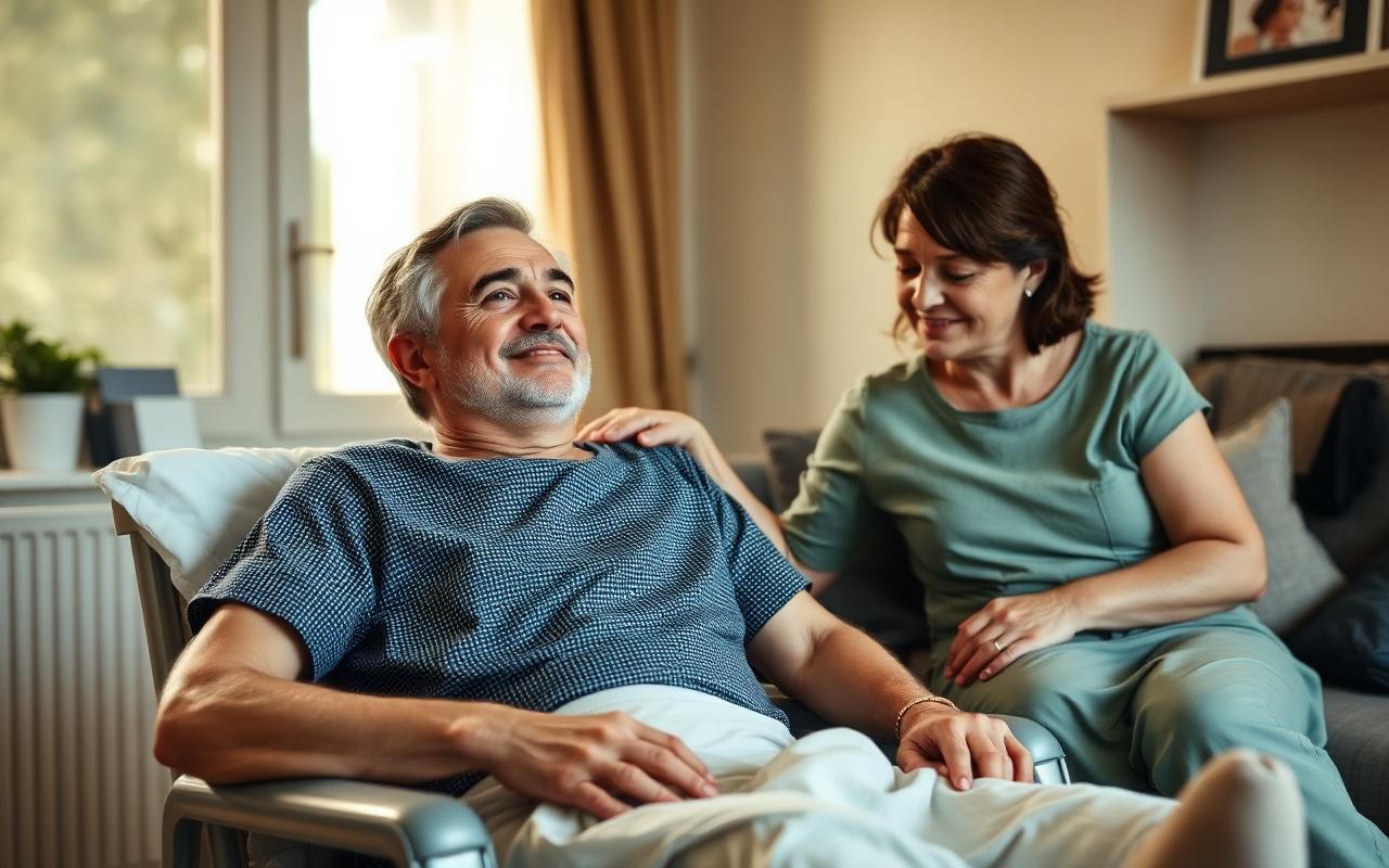 An injured individual recovering at home with the support of a family member