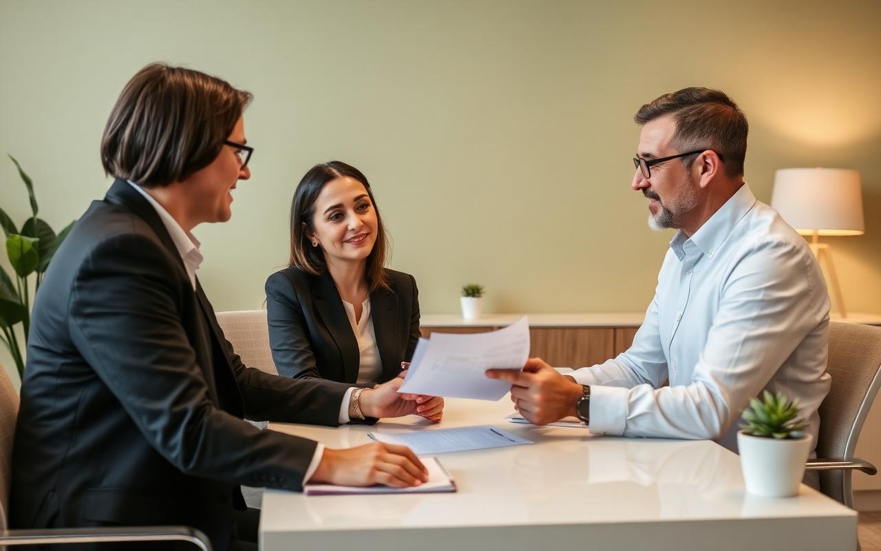 A professional consultation reviewing documents with an injured client